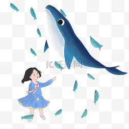 童话鲸鱼和女孩卡通插画