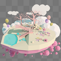 3D粉色梦幻游乐园卡通泳池立体C4D