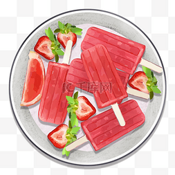 水果草莓手绘图片_冰爽夏天西瓜红冰棒与草莓