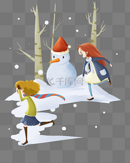手绘冬天下雪玩耍儿童插画
