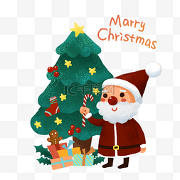 手绘圣诞树铃铛图片_诞节送礼物的Q版圣诞老人和圣诞