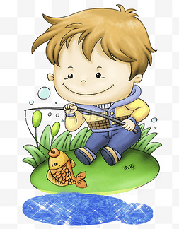 钓鱼的小男孩儿童画PNG素材