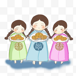 三个旗袍女生端送月饼手绘卡通