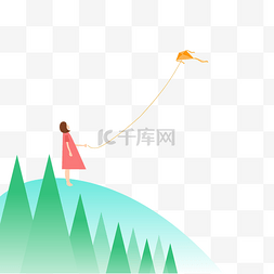 清明节外出郊游放风筝的小女孩场