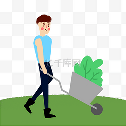 男扁平化人物图片_植树节推车植树的男生