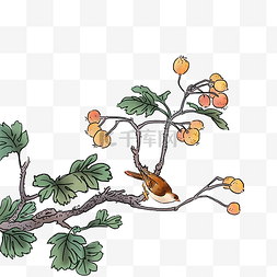 花鸟植物图片_中国花鸟水墨国画红黄果麻雀PNG