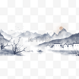 中国风手绘插画图片_中国风手绘水墨风景山水徽派建筑