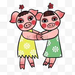 手绘矢量卡通可爱猪年两只小猪形