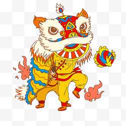 狮子插画图片_春节人物和舞狮子