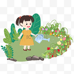 卡通植物卡通人图片_蜡笔可爱小女孩浇花