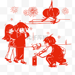 中国传统花窗图片_剪纸风格插画小孩子放鞭炮