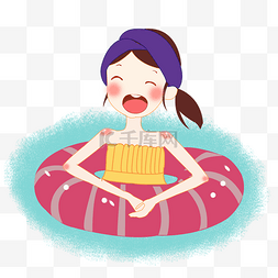 夏季卡通游泳圈图片_夏至使用游泳圈漂浮在水中的女孩