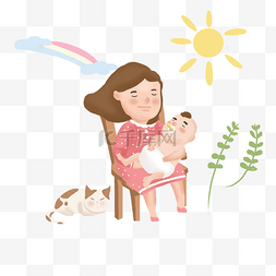 卡通睡觉的孩子图片_手绘母婴晒太阳插画