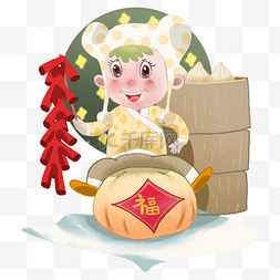 福字图片_新年人物和鞭炮插画