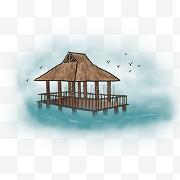 大海蓝天图片_手绘海边的茅草屋