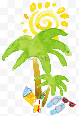 装饰太阳图片_夏天手绘海边装饰椰树插画