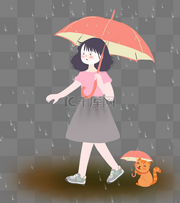 下雨天撑伞走路的小女孩