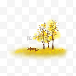 手绘秋季树木和落叶