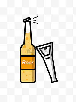 简约卡通啤酒瓶与开瓶器插图设计