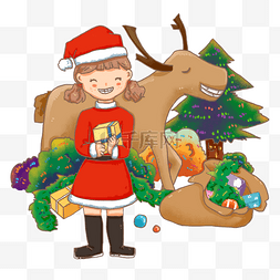 麋鹿免抠图片_圣诞节送礼物的圣诞装女孩和麋鹿