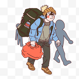蓝色的外套图片_手绘背着行李的人物