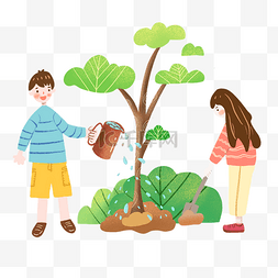卡通手绘男孩和女孩开心植树