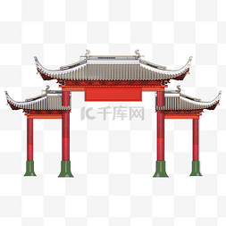 红色国风建筑图片_手绘中国古典牌坊牌楼