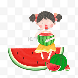 吃西瓜的小女孩插画