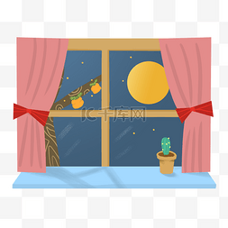窗台手绘图片_中秋季卡通手绘可爱小清新赏月窗
