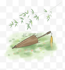 古风竹叶下的油纸伞