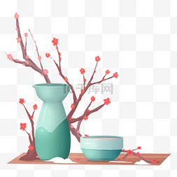 日式风格图片_卡通手绘冬季梅花绿色日式酒壶免