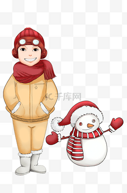 手绘冬季穿冬装儿童小雪人插画