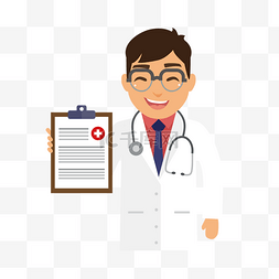 手绘医生听诊器图片_彩色卡通，戴眼镜的男医生。