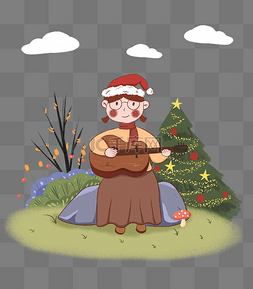 可爱手绘白云图片_小清新圣诞节弹吉他的女生