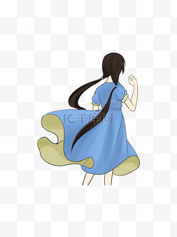 飘起的蓝色裙子长长的马尾卡通女