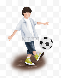 手绘踢足球的小男孩
