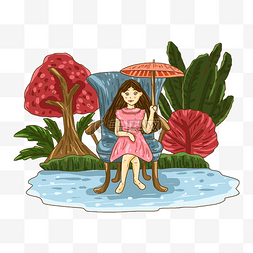 手绘雨水卡通小女孩雨伞可爱插画