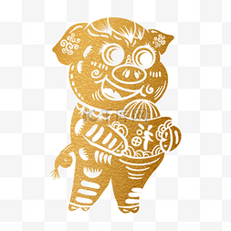 金色猪年剪纸图片_2019新年手绘卡通剪纸猪