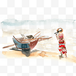海边沙滩风景画水彩画PNG免抠素材