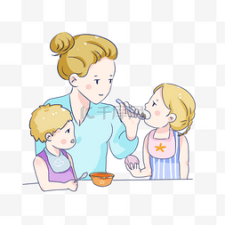 手绘卡通母婴喂孩子饭