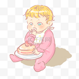 坐在地上吃蛋糕的可爱宝宝