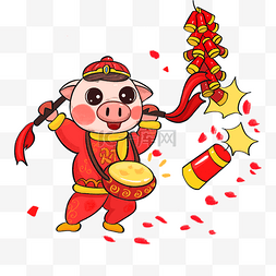 春节红色喜庆手绘插画敲鼓猪猪鞭