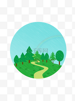 雨后彩虹绿色森林手绘卡通圆形元