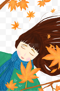 立秋到好凉意枫叶树下的少女