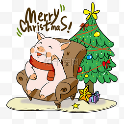 卡通手绘可爱的圣诞猪和圣诞树