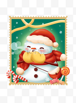 手绘圣诞雪人冬天取暖邮票可爱可