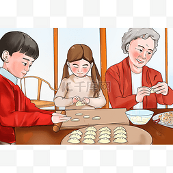 全家过年图片_手绘卡通插画全家包饺子冬至春节