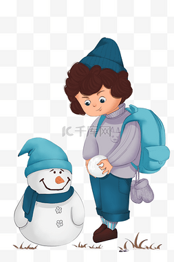 儿童寒冷图片_手绘冬季可爱儿童堆雪人插画