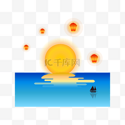 手绘湖水图片_矢量手绘卡通太阳湖面