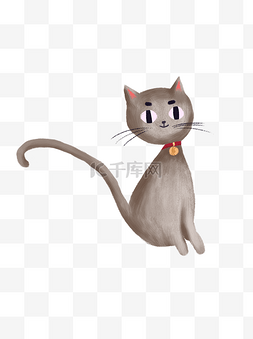 手绘卡通带铃铛的可爱小灰猫